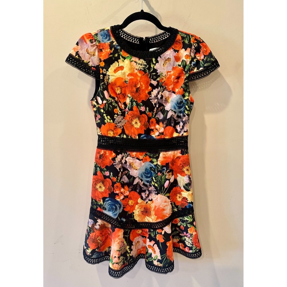 Alice + Olivia Rapunzel Black Floral Lace Trim Mini Dress Sz 2 Cap Sleeve $350